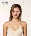 Woman holding OUAI leave-in conditioner bottle with white pump, with wet hair