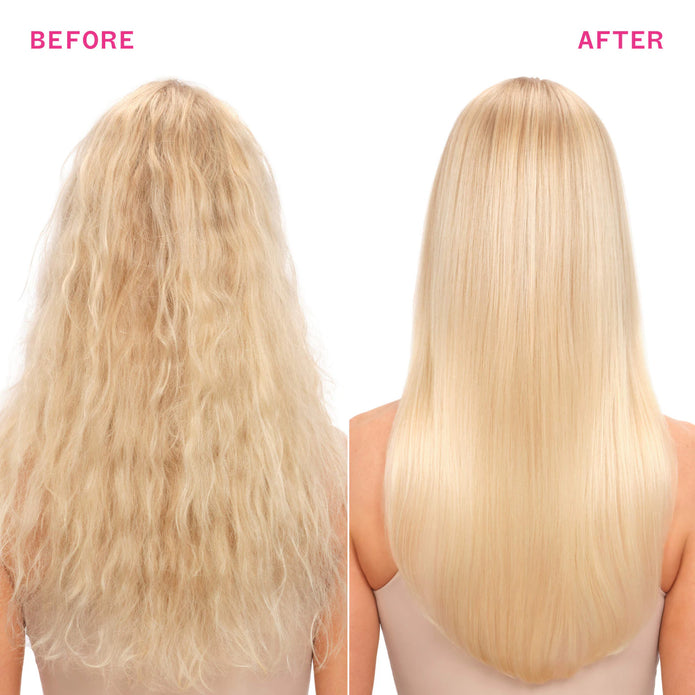 Back view of blonde hair styled with Amika Superfruit Star lightweight hair oil