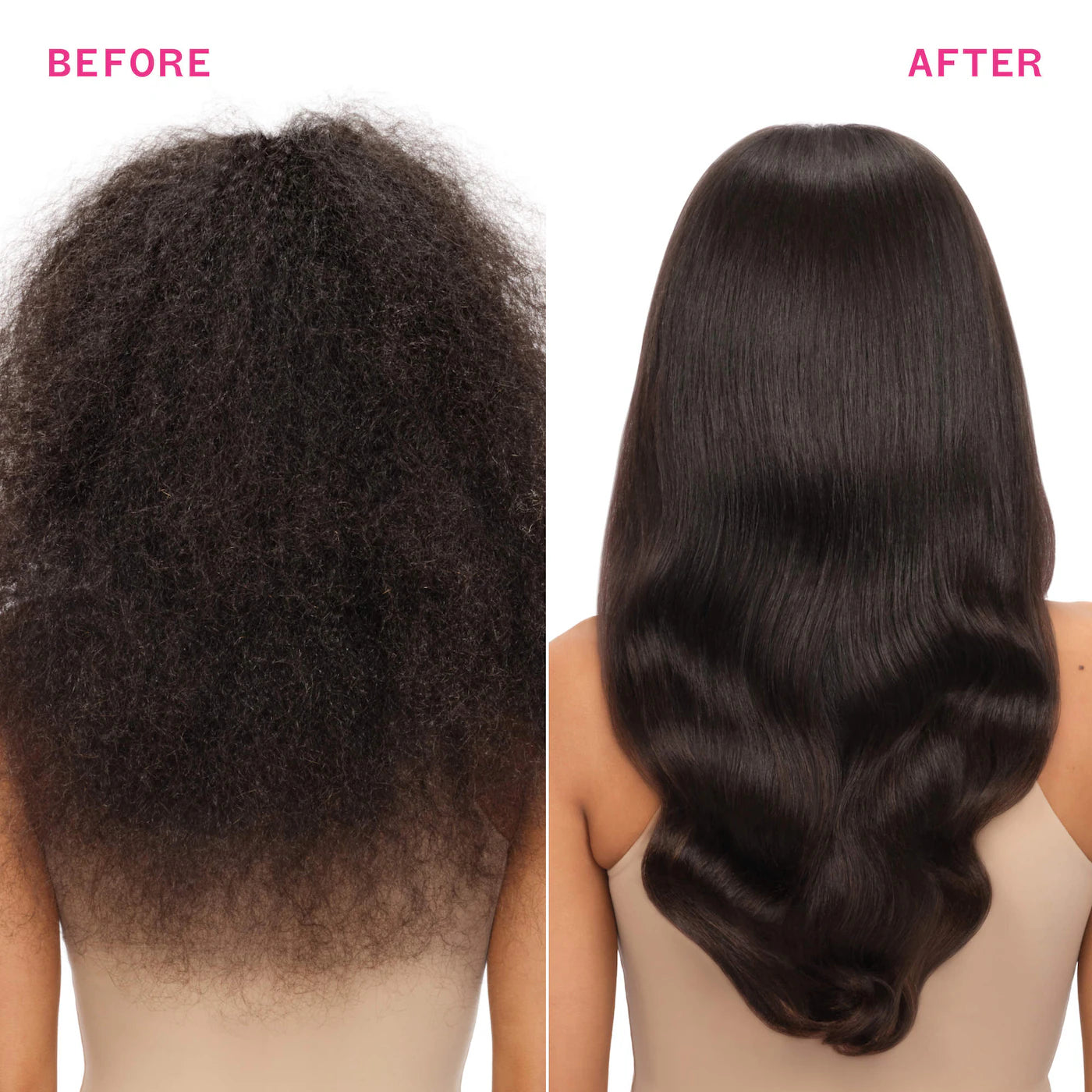 Before/after dark hair: curly texture on left, sleek straight on right