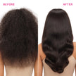 Before/after dark hair: curly texture on left, sleek straight on right