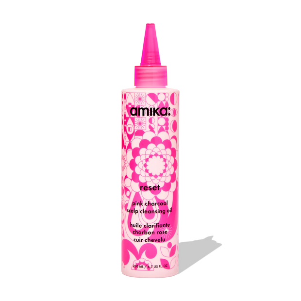 Amika Reset pink charcoal scalp cleansing oil bottle, 200 mL