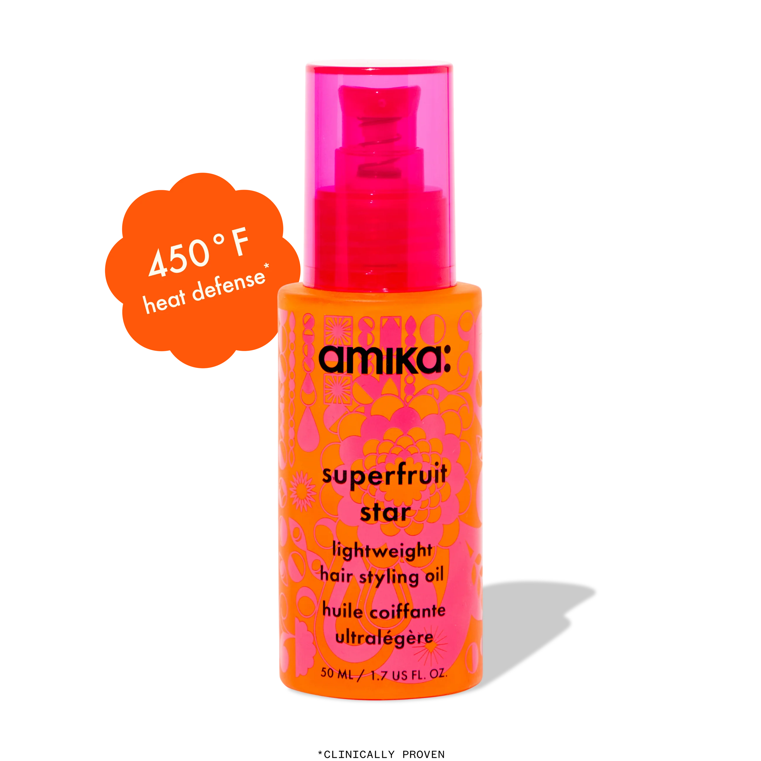 Amika Superfruit Star lightweight hair styling oil bottle with pink pump