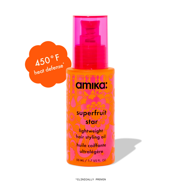 Amika Superfruit Star lightweight hair styling oil bottle with pink pump