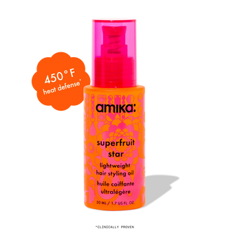 Amika Superfruit Star lightweight hair styling oil bottle with pink pump