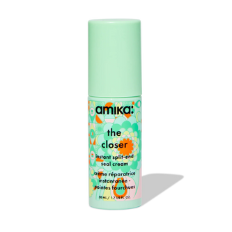 Amika instant split-end seal cream bottle, mint green cap and label